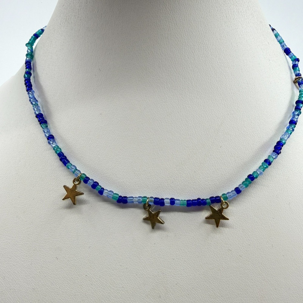 Blue Beaded Celestial Star Charm Necklace - Boho Festival Statement Gift